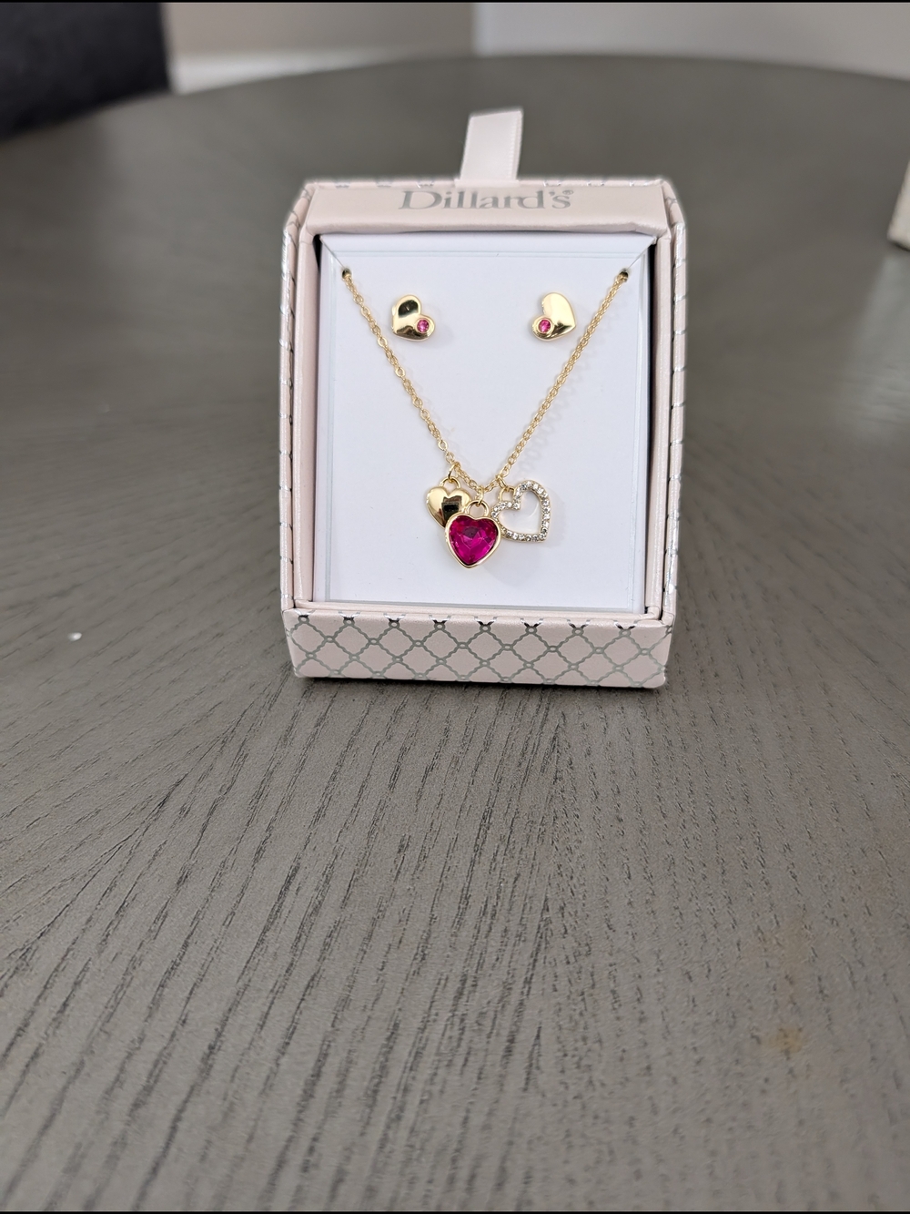 Dillard's Gold-Tone Heart Necklace with Pink Stone and Matching Studs